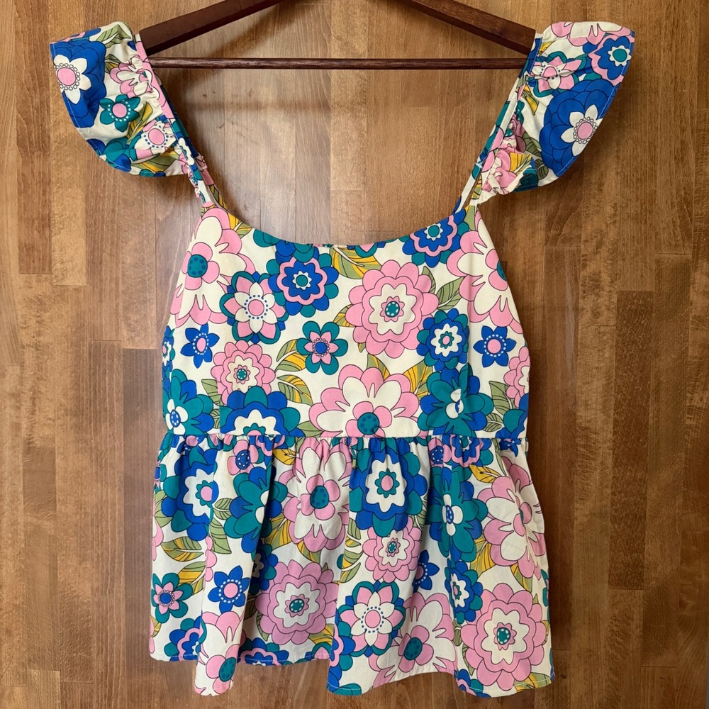 Summer Top by FORE Large‎ Floral Peplum Festival Wear Retro Spaghetti Straps